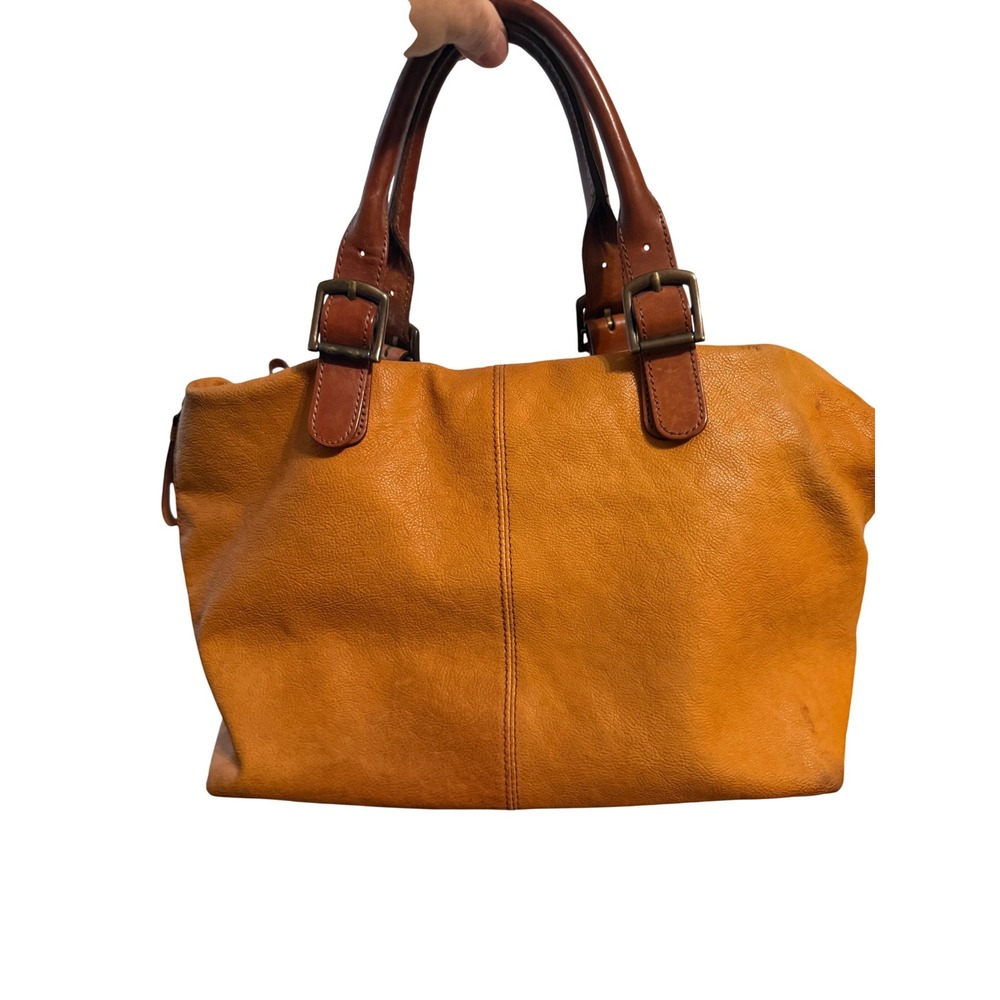 Mark & Graham Tan Leather Tote Bag Buckle Handles Cognac Satchel Handbag